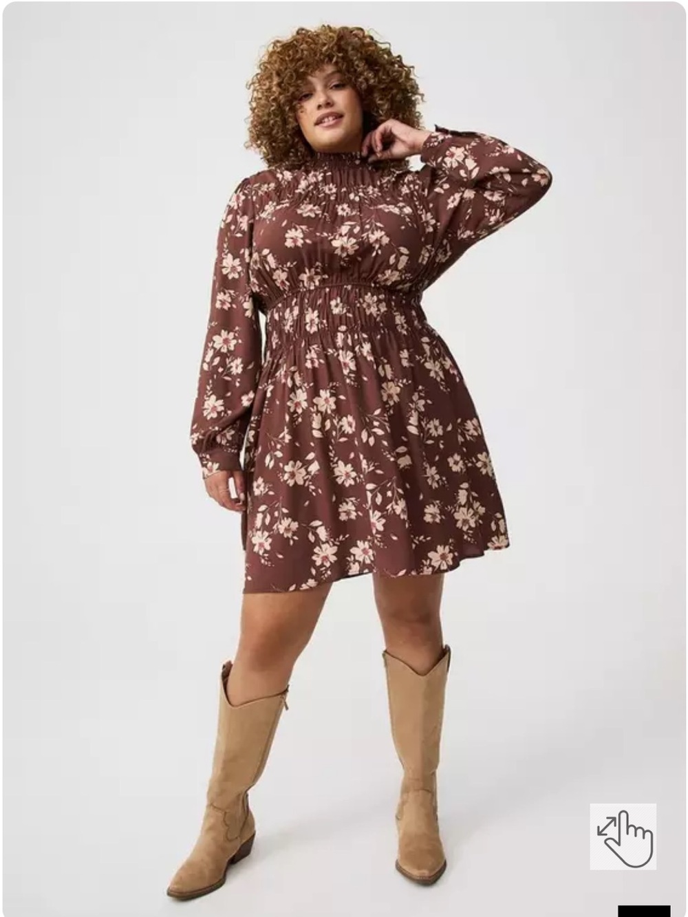 NWOT Torrid Mini Wash Challis Brown Floral Long Sleeve Smocked Neck Ruched Dress